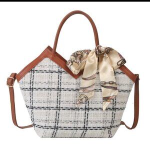 Cream Plaid Handbag with Blue Accents & Decorative